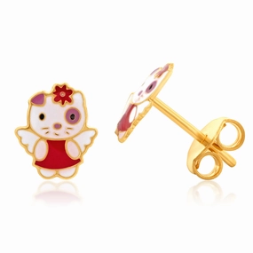 9ct Yellow Gold Cat With Flower Stud Earrings