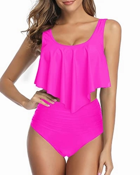 Adjustable Double Straps Women Ruffled Flounce Bikini Swimsuit-Neon Pink