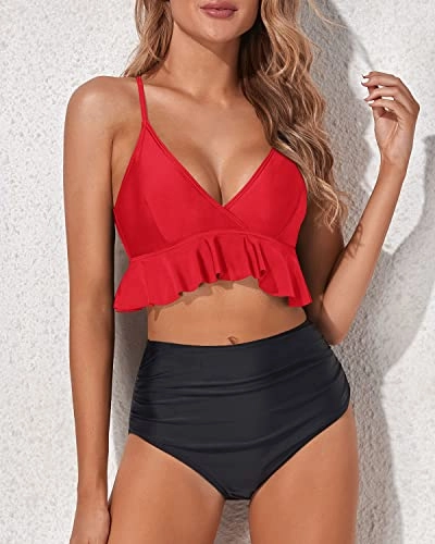 Adjustable Strap Two Piece Tummy Control Bikini For Women-Neon Red