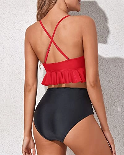 Adjustable Strap Two Piece Tummy Control Bikini For Women-Neon Red