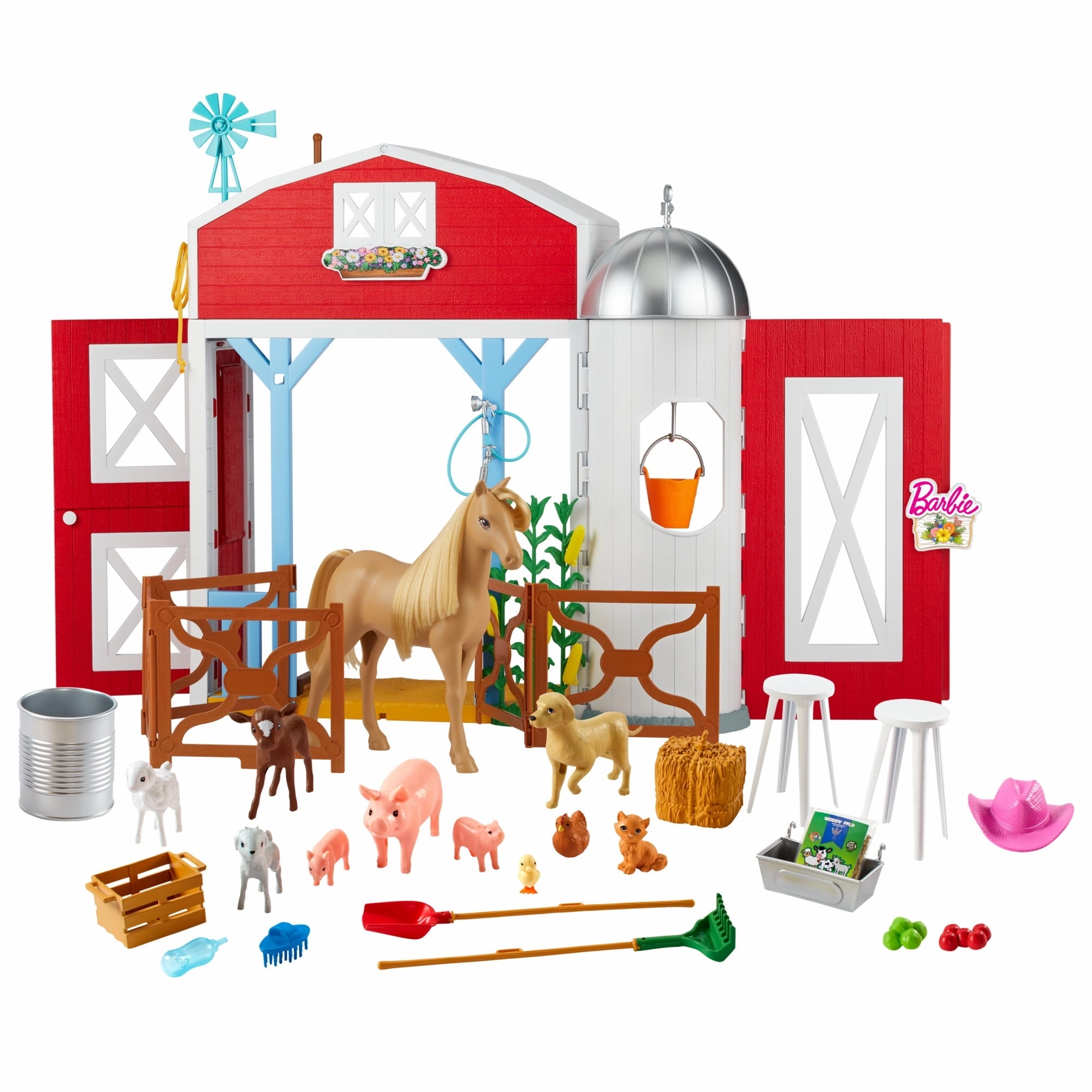 Barbie HYP88 Horse Barn Playset with 25  Feeding & Grooming Accessories Including 11 Animal Figures