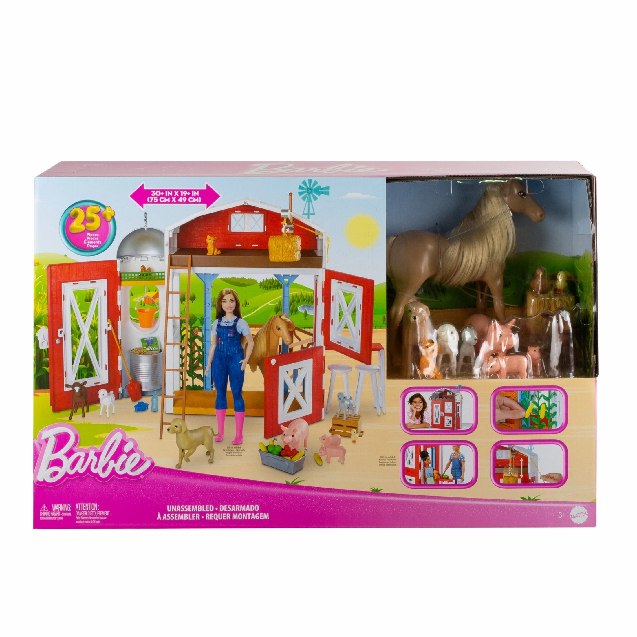 Barbie HYP88 Horse Barn Playset with 25  Feeding & Grooming Accessories Including 11 Animal Figures