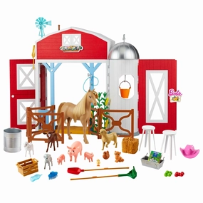 Barbie HYP88 Horse Barn Playset with 25  Feeding & Grooming Accessories Including 11 Animal Figures