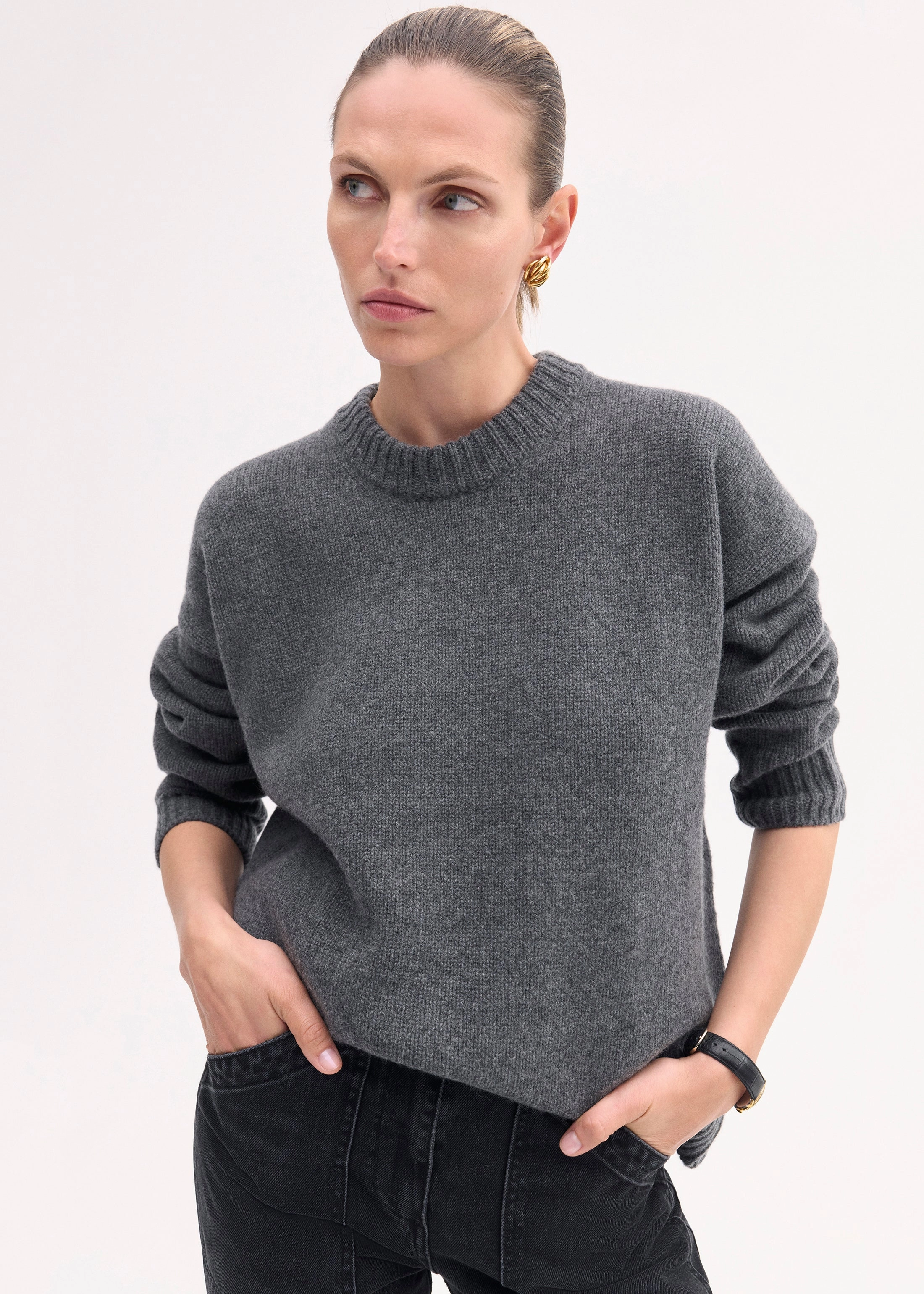 Boyfriend Crew Neck in Wool Cashmere - Grey