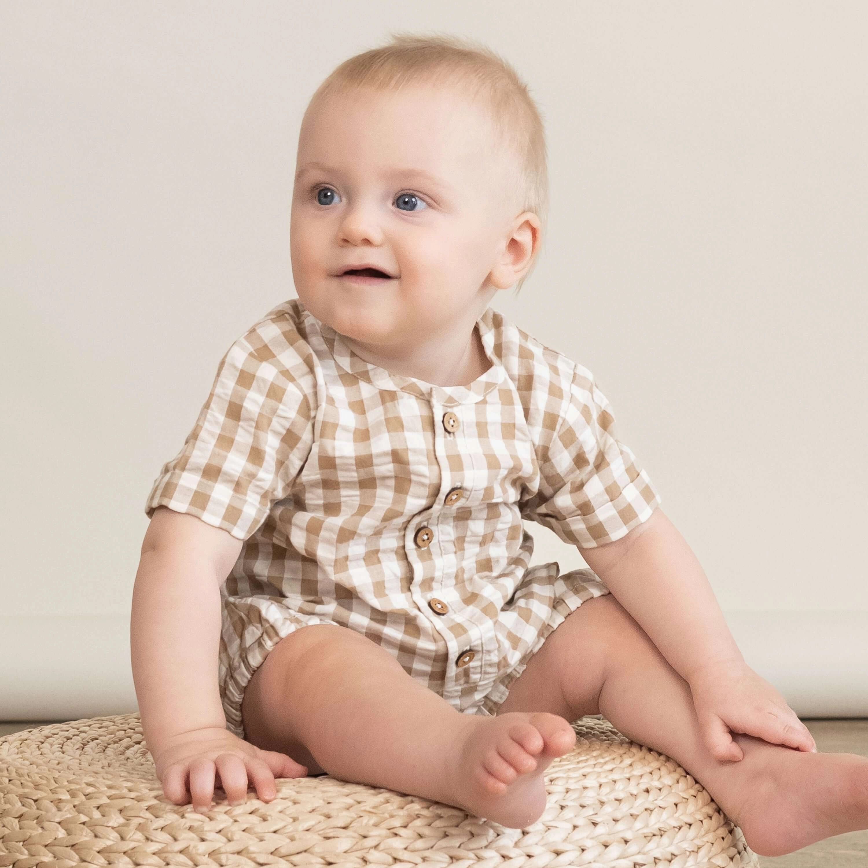 Brown Chequered | Organic Short Bubble Romper