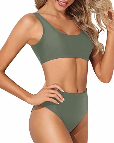 Crop Top High Waisted Bikini Set Sports Two Piece Bikini For Women-Army Green