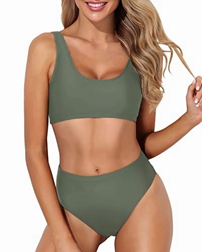 Crop Top High Waisted Bikini Set Sports Two Piece Bikini For Women-Army Green