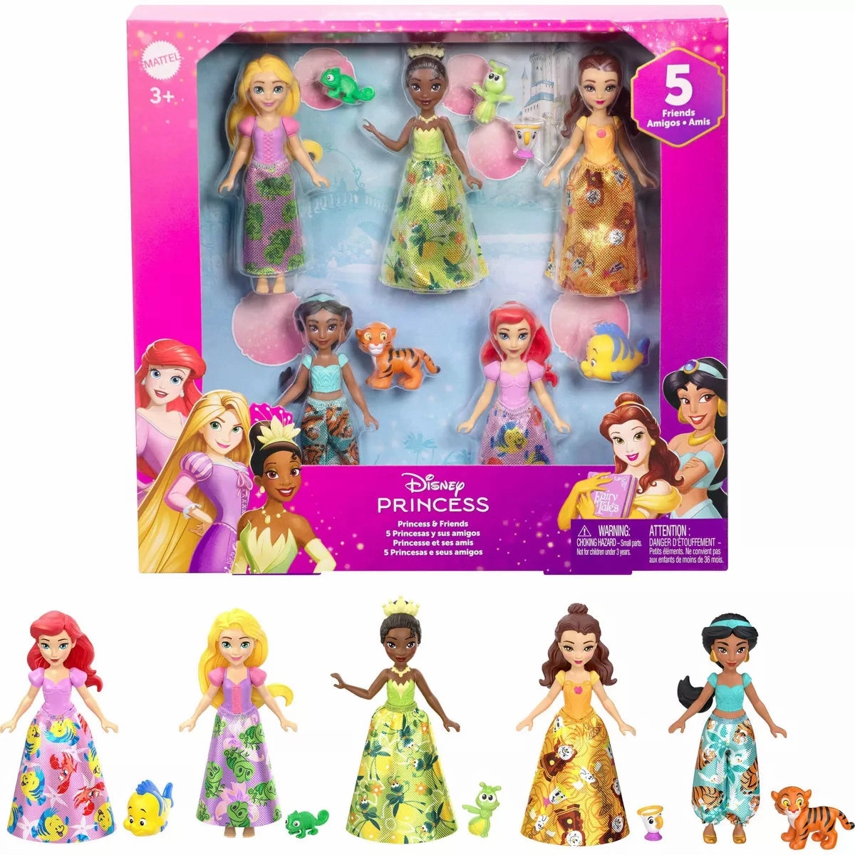 Disney Princess JBL33 Friends Set with 5 Small Dolls in Sparkling Outfits & 5 Friend Figures