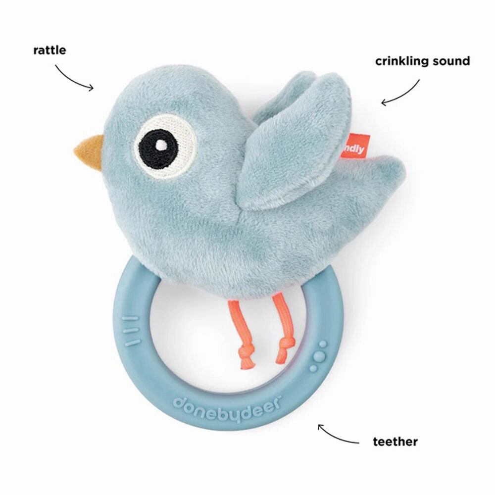 Done By Deer Sensory Rattle W/Teether Birdee Blue