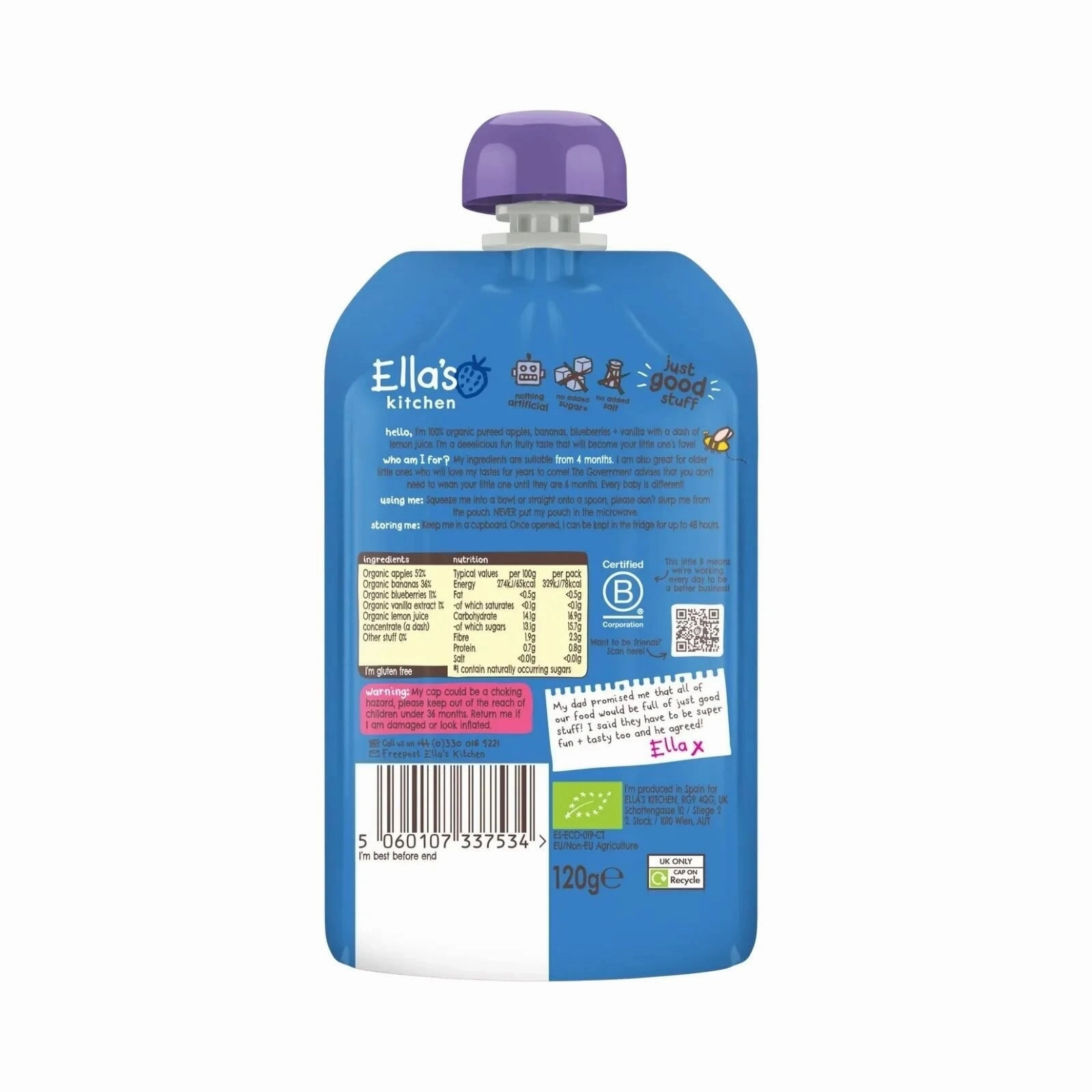 Ella's Kitchen Organic Blueberries Apples Bananas & Vanilla Baby Food Pouch 4  months 120g