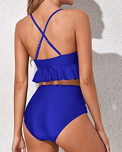 Flattering High Waisted Two Piece Tummy Control Bikini For Women-Royal Blue