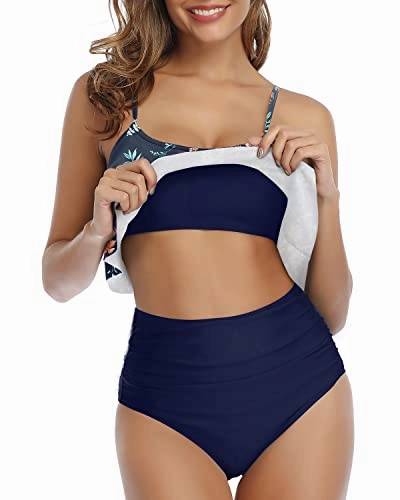 Flirty And Chic Ruffle High Waisted Bikini Set-Blue Colorul Flowers