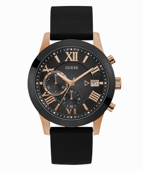 GUESS Mens Black Rose Gold Tone Chronograph Watch
