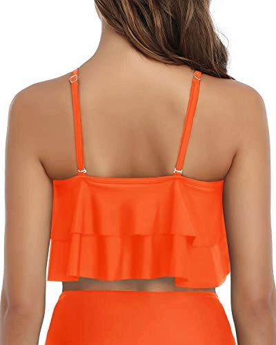 Halter Neck Women Ruffle High Waisted Bikini Top-Neon Orange