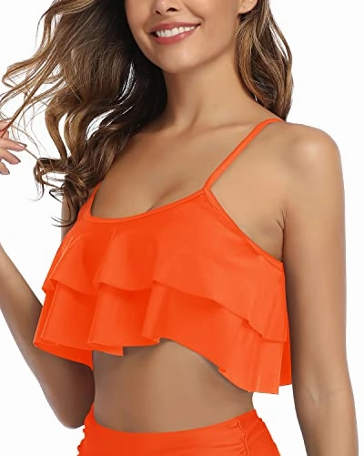 Halter Neck Women Ruffle High Waisted Bikini Top-Neon Orange