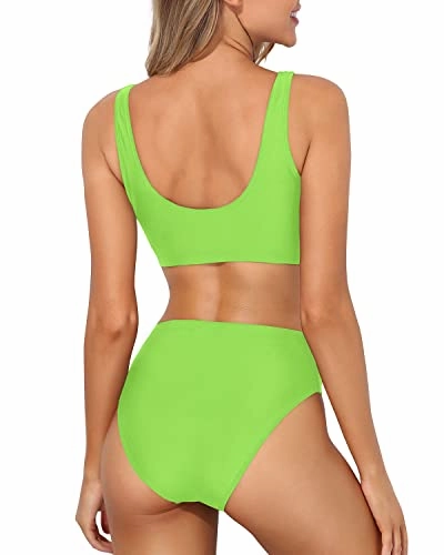 High Leg Cut Swimsuit Crop Top Two Piece Scoop Neck Bikini For Women-Neon Green