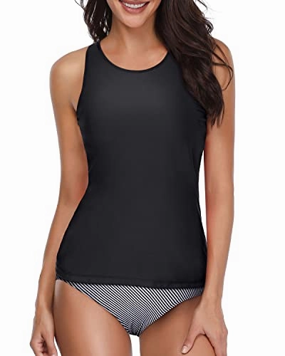 High Neck Two Piece Tankini Swimsuits For Women-Black Stripe