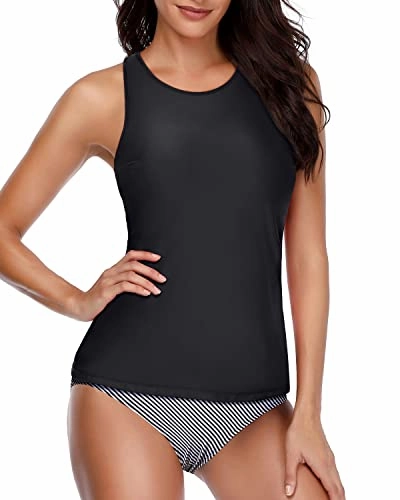 High Neck Two Piece Tankini Swimsuits For Women-Black Stripe