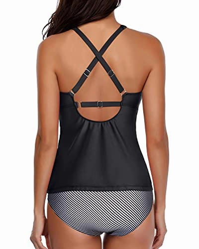 High Neck Two Piece Tankini Swimsuits For Women-Black Stripe
