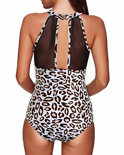 Mesh Plunge Swimsuit High Neck For Women-Leopard