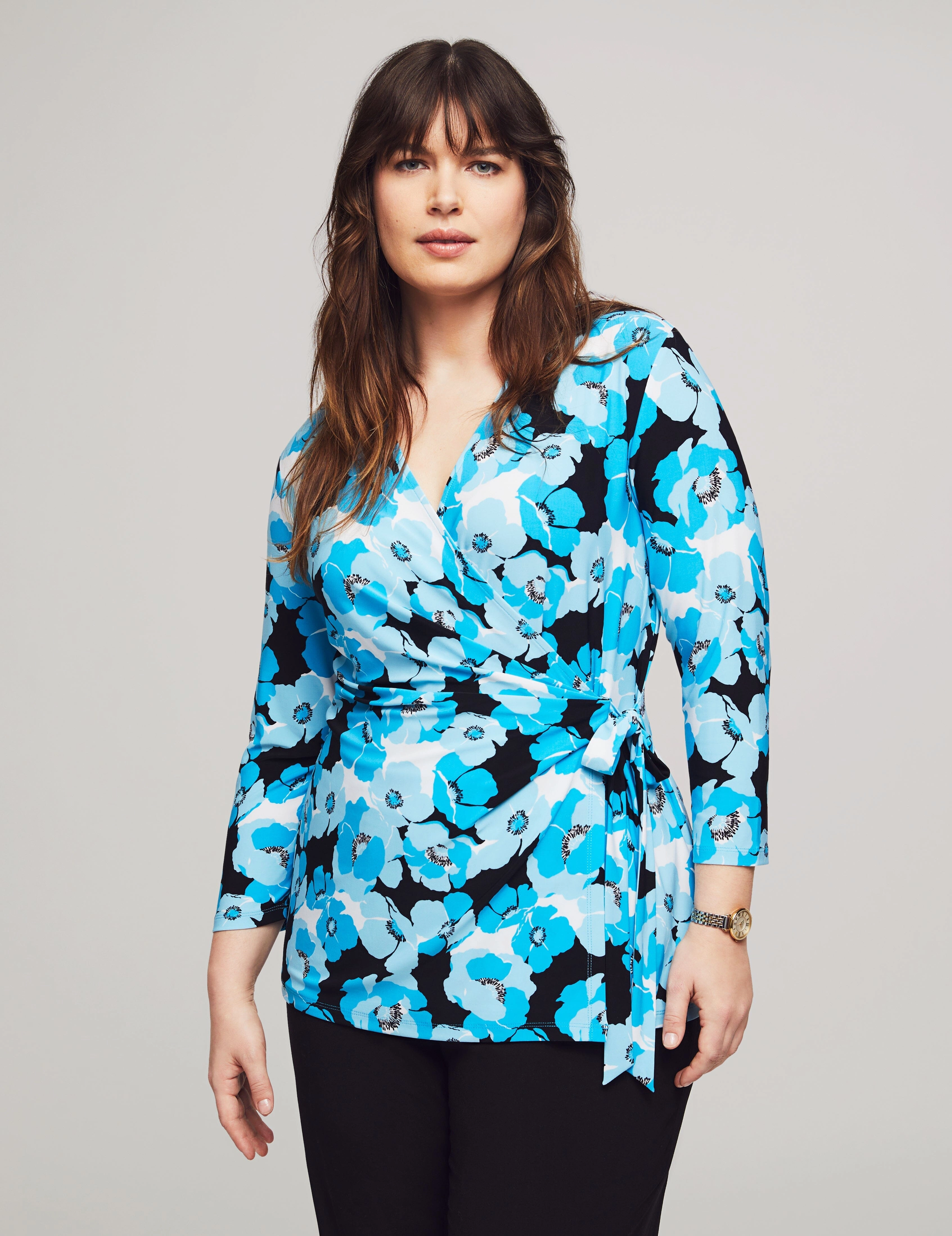 Plus Size Printed 3/4 Sleeve Wrap Top- Sale