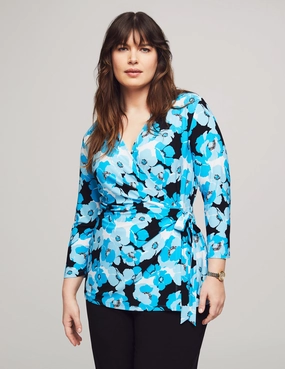Plus Size Printed 3/4 Sleeve Wrap Top- Sale