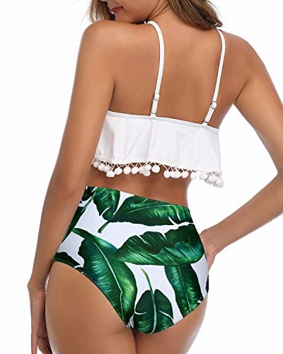 Pom Pom Trim Flounce Two Piece Bikini Ruffle Swimsuit For Women-White Leaf