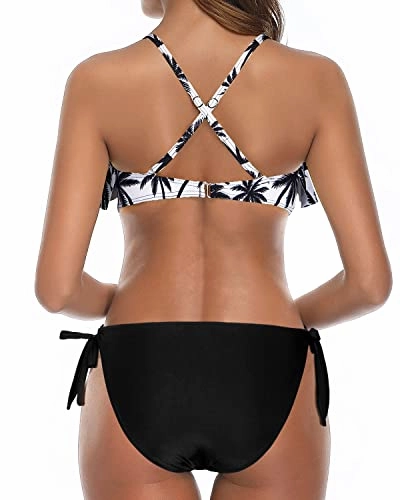 Push Up Padded Up Bra Ruffled Bikini For Women-Black Palm Tree