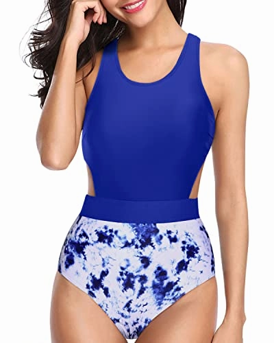 Racerback One Piece Tummy Control Cutout Swimsuits For Teen Girls-Royal Blue Tie Dye