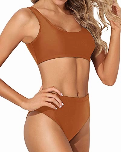 Removable Padded Swimsuit Two Piece Scoop Neck Bikini For Women-Brown