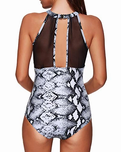 Ruched High-Neck Mesh Swimsuit Plunging Back For Women-Black And White Snake Print