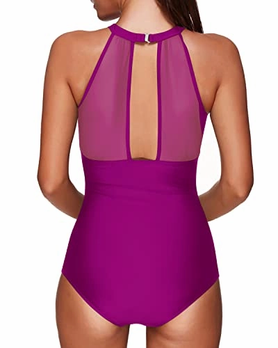 Ruched Monokini Tummy Control Swimsuit Plunge Neck For Women-Hot Pink