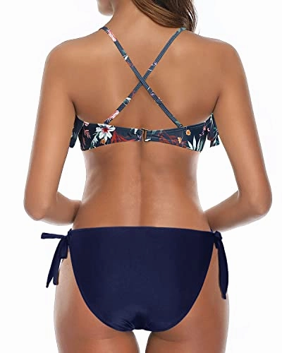 Side Tie Bottom Padded Ruffled Top Bikini For Women Set-Blue Colorul Flowers