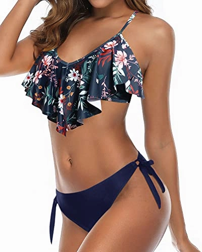Side Tie Bottom Padded Ruffled Top Bikini For Women Set-Blue Colorul Flowers