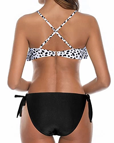 Side Tie Bottom Padded Top Women Cross Back Bathing Suit-Black Dot