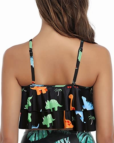 Spaghetti Strap Women Ruffle High Waisted Bikini Top-Black Dinosaur
