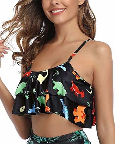 Spaghetti Strap Women Ruffle High Waisted Bikini Top-Black Dinosaur