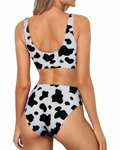 Stretches Torso Two Piece Swimsuit Sports Two Piece Bikini For Women-Black And White Cow Pattern