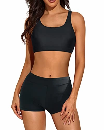 Trendy Criss Cross Scoop Neck 3 Piece Tankini Swimsuits For Women-Black