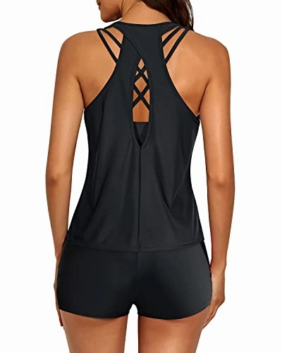 Trendy Criss Cross Scoop Neck 3 Piece Tankini Swimsuits For Women-Black