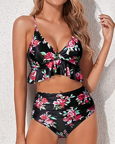 Two Piece Deep V neck Swimsuits High Waisted Ruffle Bikini Sets for Women