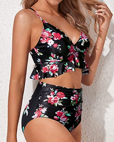 Two Piece Deep V neck Swimsuits High Waisted Ruffle Bikini Sets for Women