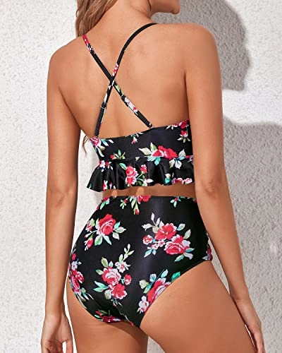 Two Piece Deep V neck Swimsuits High Waisted Ruffle Bikini Sets for Women