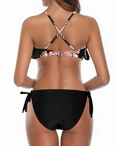 Two Piece Flounce Padded Ruffled Top Women Cross Back Bathing Suit-Black Orange Floral