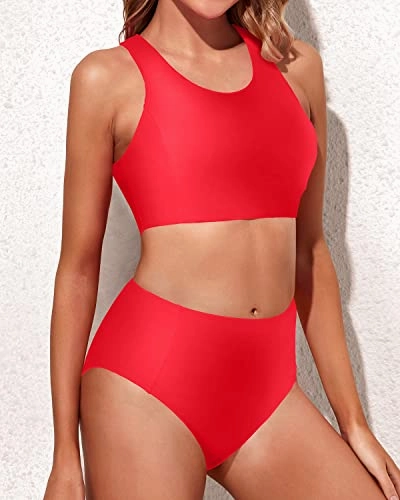 Two Piece High Waisted Bikini Set For Women-Neon Red