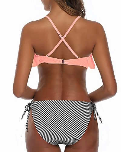 Two Side Ties Women Cross Back Bathing Suit-Coral Pink Stripe