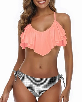 Two Side Ties Women Cross Back Bathing Suit-Coral Pink Stripe