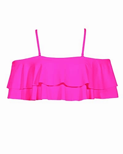 Vintage Off Shoulder Flounce Swimsuit Top For Women-Neon Pink