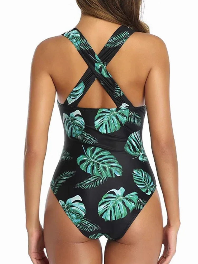 Women Flower Pattern Leopard Mesh Hollow One Piece Swimwear