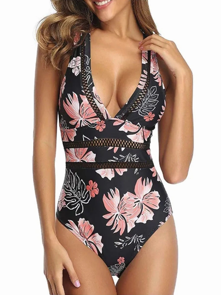 Women Flower Pattern Leopard Mesh Hollow One Piece Swimwear